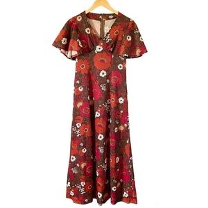 Vintage 60s Psychedelic Floral Maxi Dress Hawaiian Flutter Sleeve Womens Small